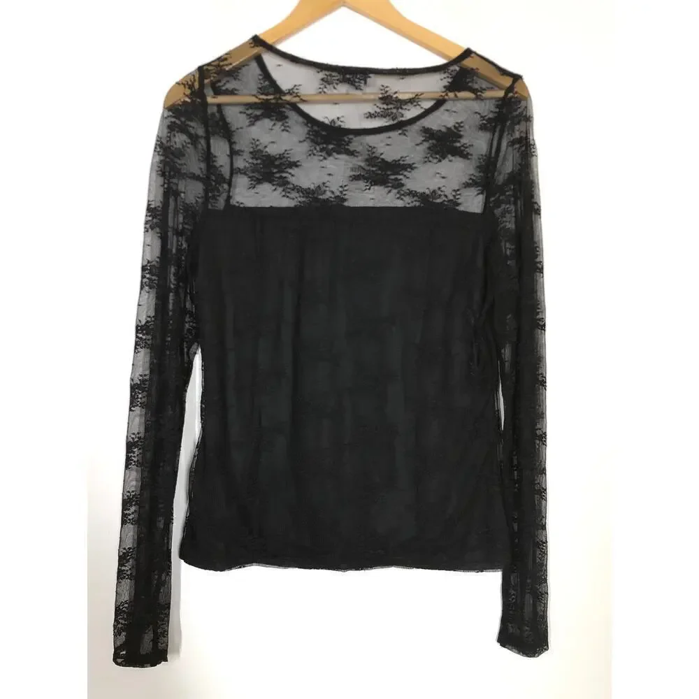 J. Crew Top Long Sleeve Sheer Lace Lined Slim Fit Gothic Tee Black NWT Medium